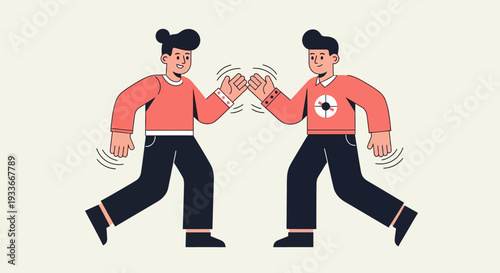 Two men in red shirts engaging in a friendly fist bump gesture, standing on a neutral background, depicted in a simple illustration style from a straightforward viewpoint always.