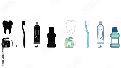 Tooth dental care icons with toothbrush, toothpaste and mouthwash illustrations
