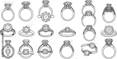 Hand-drawn line art collection of various diamond engagement rings and wedding bands in different styles, black and white sketch