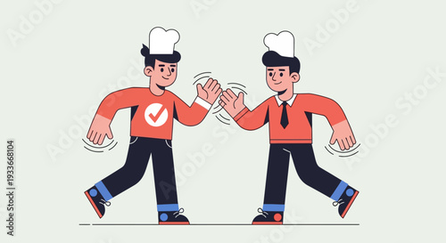 Two chefs in red shirts and white hats shaking hands in a friendly gesture illustration