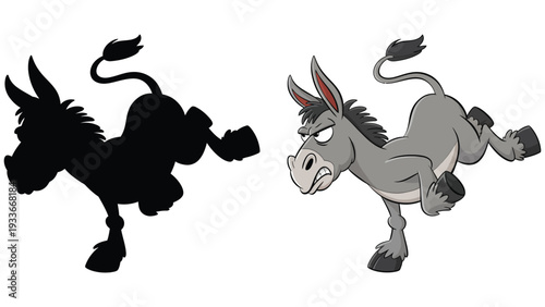 Donkey cartoon illustration with silhouette and colorful version side by side