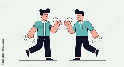 Two men dancing together in unison, performing a choreographed dance routine, showcasing friendship and harmony in a lively illustration style.