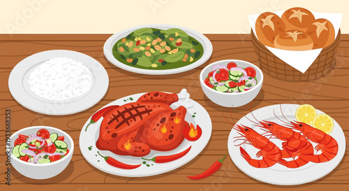 A sumptuous seafood feast with lobster and accompaniments on a wooden table from a high angle view