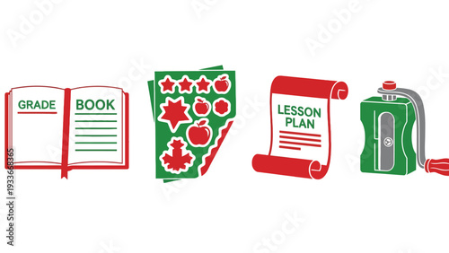 A colorful illustration of school supplies and education icons on a white background