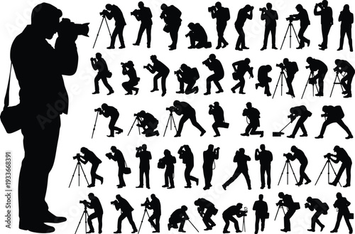 Photographer silhouettes collection with camera and tripod, professional photography poses isolated on white background vector illustration set
