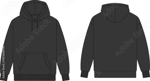 Dark Gray Hoodie with Front Pocket and Drawstrings Displayed from Front and Back Views