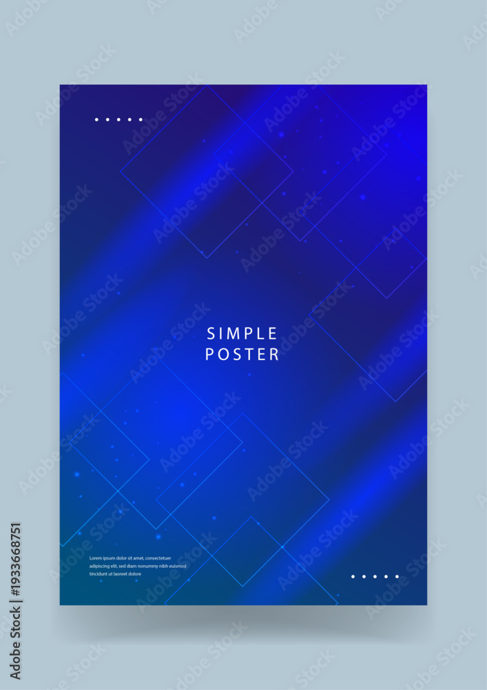 Fototapeta premium Minimalist blue poster featuring a deep gradient background with luminous floating square frames and subtle light particles