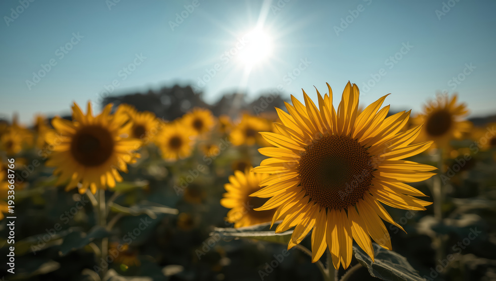 Fototapeta premium Sunflower field summer sun bright yellow petals warm sunlight