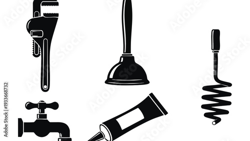A set of plumbing tools in black silhouette illustration style
