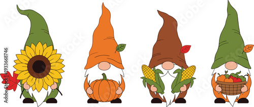 Autumn gnome set vector illustration cute fall dwarfs with pumpkin sunflower and harvest elements isolated design