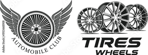 Automobile Club Logo with Winged Tire Emblem and Custom Alloy Wheels Set, Automotive Service and Tire Shop Vector Illustrations.