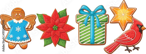 Christmas cookie set vector illustration gingerbread angel poinsettia gift star and cardinal festive holiday treats