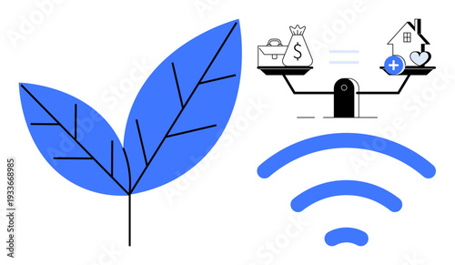 Sustainability concept. Sustainability illustrated with balance between health, finance, and connectivity using leaf, scale, and wireless symbols. Perfect for environment, health, technology