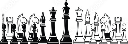 Chess Piece Set with King, Queen, Knight, Rook, Bishop, and Pawn Silhouettes, Strategy Game Icons, and Board Game Illustration.