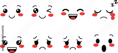 Cute kawaii face expression set vector illustration happy sad sleepy cartoon emoji characters isolated design