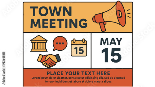 Town meeting announcement illustration with icons and megaphone