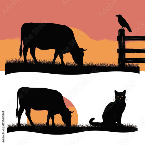 Cow Silhouette with Animals in Scene.