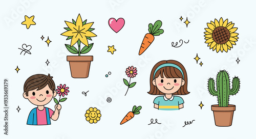Hand drawn collection of cute elements including children, flowers, cactus, carrots, hearts, and stars on a light blue background.