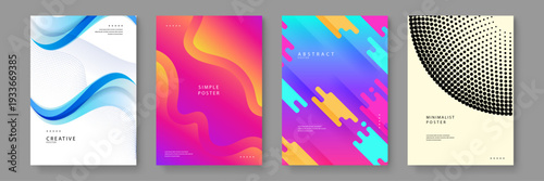 Collection of four modern abstract posters with fluid shapes and halftone patterns for corporate identity