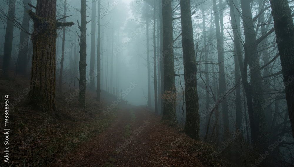 Fototapeta premium Foggy forest path with tall pine trees and moody atmosphere