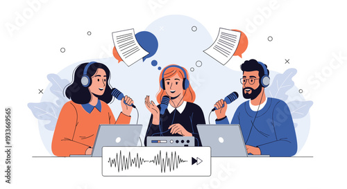 Three diverse people wearing headphones while recording a podcast together with microphones and laptops in a studio.