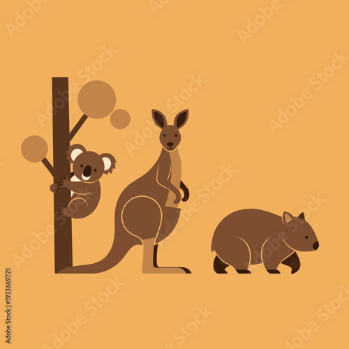 Kangaroo with joey and wombat illustration.