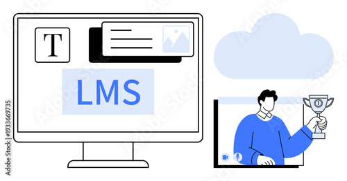 Digital platform screen with LMS tools, cloud storage, and user holding a trophy. Ideal for e-learning, remote education, online courses, training, knowledge sharing, technology and achievements