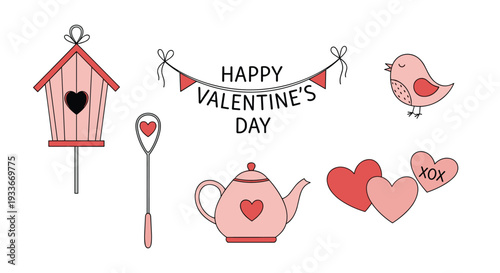Charming set of Valentine day icons including a birdhouse, banner, bird, teapot, and hearts for romantic projects.
