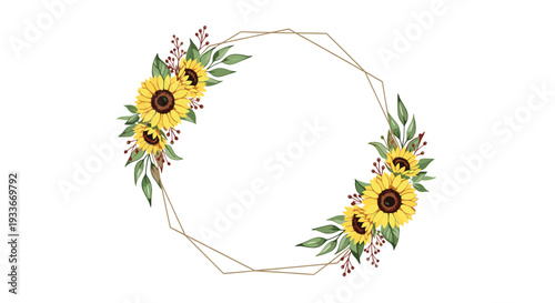 Elegant hexagonal geometric frame adorned with bright yellow sunflowers and green leaves on a plain white background.