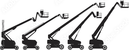 Five black and white boom lifts with extended arms holding small boxes in a row industrial equipment