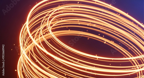 Abstract glowing orange light trails swirling in darkness.