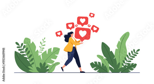 Happy woman walking through green plants and carrying several red social media heart icons symbolizing likes and love.