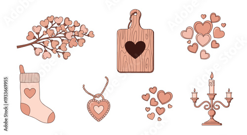 Collection of wood texture Valentine day themed items including a heart branch, cutting board, and candle holder.