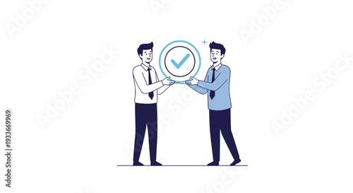 Two businessmen holding a large blue checkmark icon in a circle to represent successful agreement or task completion.