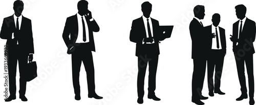 Five black silhouette men in business suits engaged in different activities