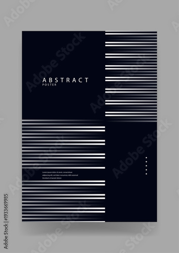 A sophisticated abstract poster design using high contrast black and white horizontal lines in a sliced geometric arrangement