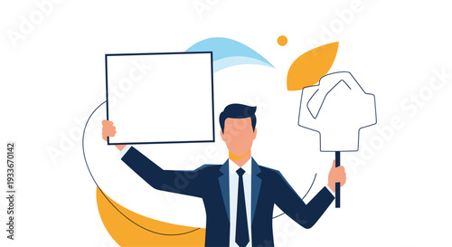 Businessman in formal suit holding up a large blank white sign and another board with a checkmark symbol in his hands.