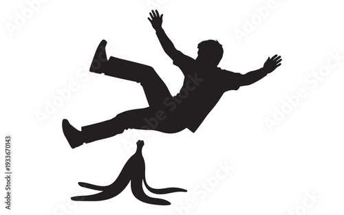 Man slipping and falling on a banana peel classic comedy prank and accident silhouette vector