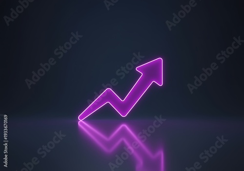Neonlit purple arrow graph increasing upwards with reflection on dark surface  symbolizing growth and progress in business and finance