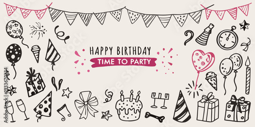 Colorful doodle illustration with birthday elements and party decorations