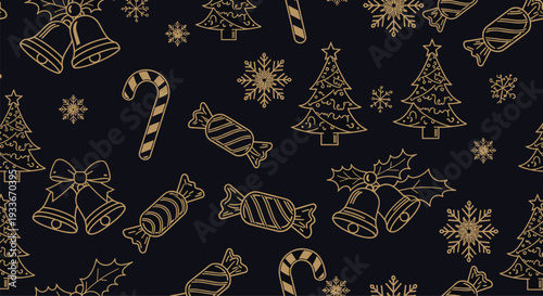 Elegant Christmas pattern with golden line art icons of bells, candy canes, trees, and snowflakes over a deep dark blue backdrop.