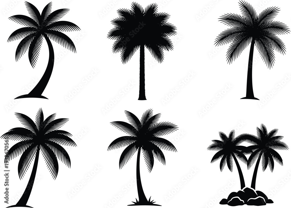 Naklejka premium Palm tree silhouette set vector illustration tropical coconut trees black island nature collection isolated design