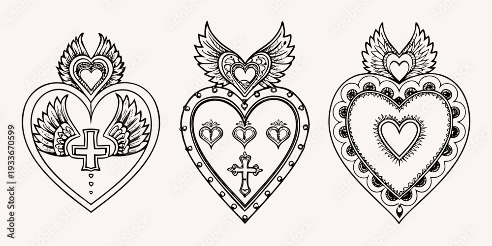 Fototapeta premium Three ornate sacred heart designs with wings and religious symbols