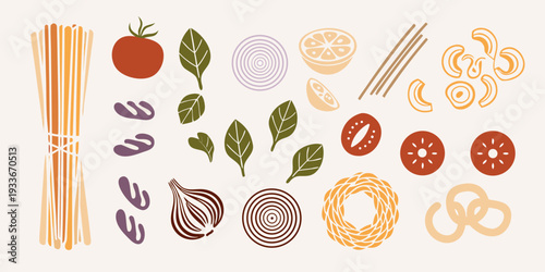 Stylized illustration of various pasta shapes fruits and leafy greens