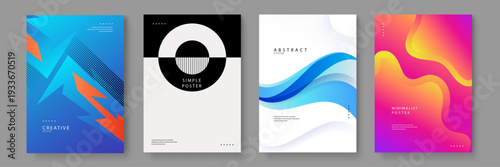 Collection of four professional abstract posters featuring vibrant gradients geometric shapes and minimalist typography for corporate identity or event promotion