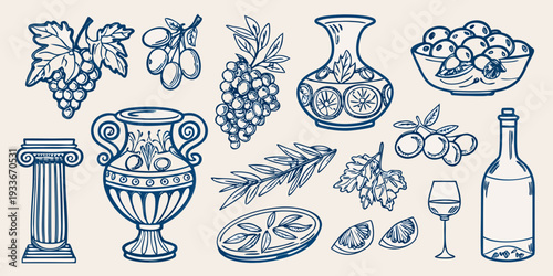 Vintage style illustration of grapes olives pottery and ancient greek elements