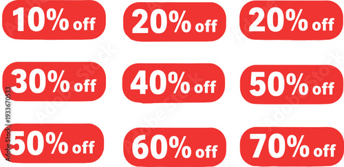 Red Sale Tag Set with Discount Percentages from 10 to 70 Percent Off, Promo Offer Stickers, and Retail Price Drop Vector Icons.
