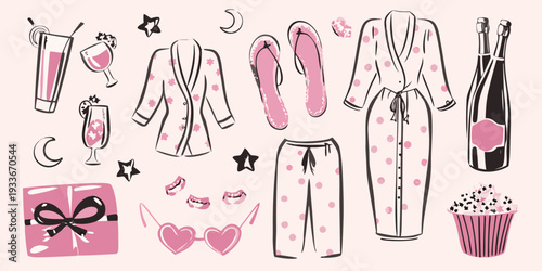 A collection of pink sleepwear drinks and celebratory items illustrated