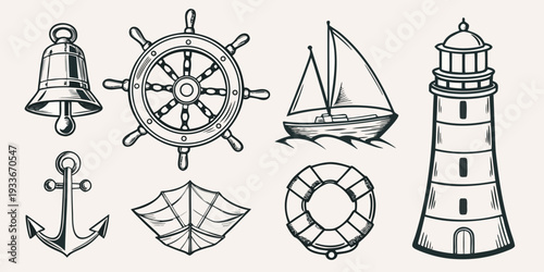 Nautical themed sketch featuring a ship s wheel lighthouse and seafaring elements