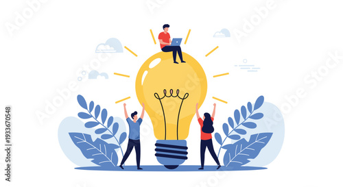 Creative team working around a giant glowing lightbulb symbolizing the birth of new ideas, innovation, and successful brain storming.